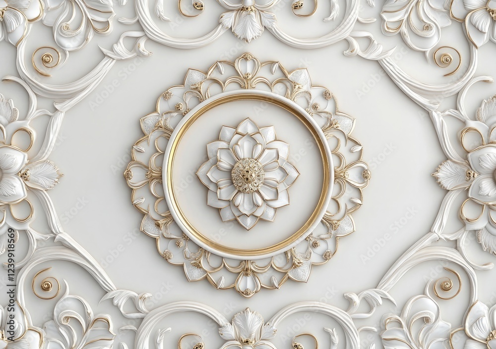 3D wallpaper with a stretched ceiling, featuring a beige decorative pattern design background 3D wallpaper with a stretched ceiling, featuring a beige decorative pattern design background
