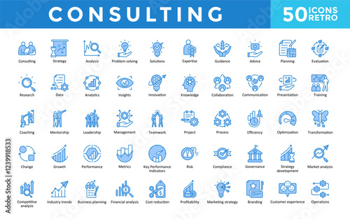 Consulting icons set with consulting, strategy, analysis, problem solving, solutions, expertise, guidance, advice, planning, evaluation icon. Simple retro vector 
