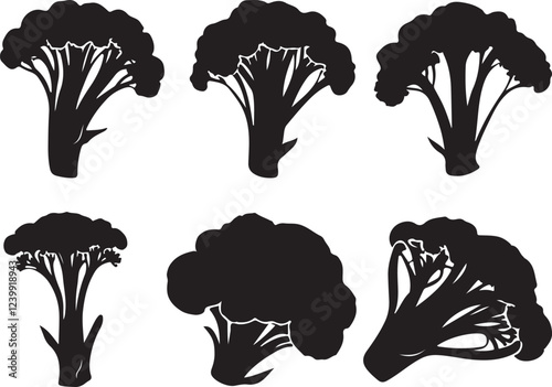 set of vegetables, different Broccoli icons silhouette vector style with white background
