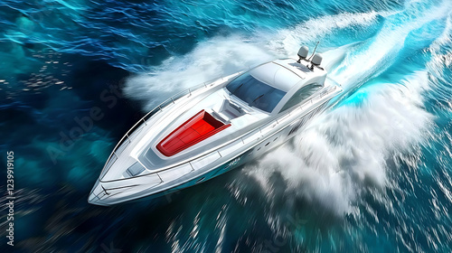 sleek speedboat racing across vibrant blue waters, creating dynamic waves and splashes. scene captures thrill of speed and adventure