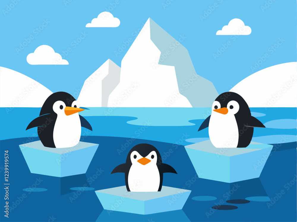 Obraz premium Vector Penguins on an ice floe. Cheerful penguins swim on an ice floe.