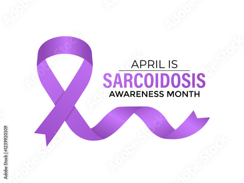 Sarcoidosis Awareness Month is observed annually in April to raise awareness about sarcoidosis. Most commonly the lungs and lymph nodes. Purple Realistic ribbon. Vector illustration of background.