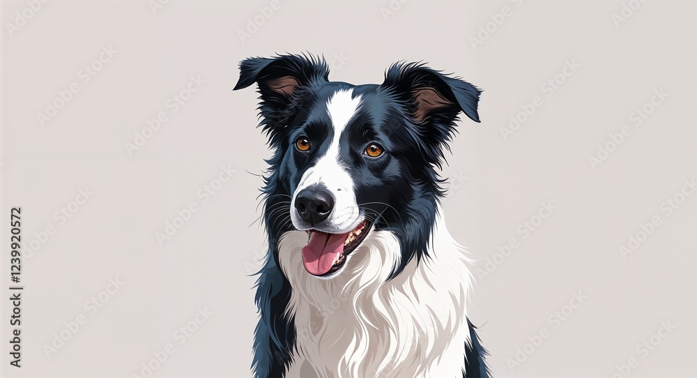 Fototapeta premium Portrait border collie dog alert on plain white background illustration