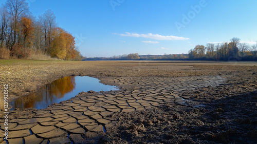 A drying lake with cracked muddy ground and a small reflective water pool, showing the consequences of drought and environmental change.