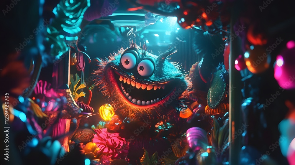 Happy Fuzzy Monster Among Vibrant Flora Happy Fuzzy Monster Among Vibrant Flora