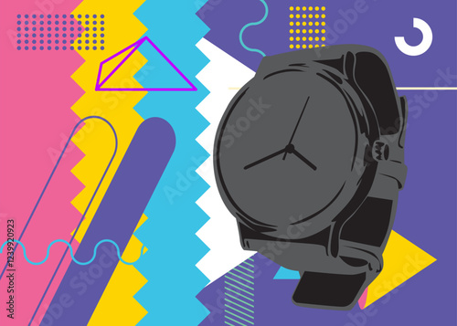 Wristwatch geometrical graphic retro theme background. Minimal geometric elements. Vintage abstract shapes vector illustration.