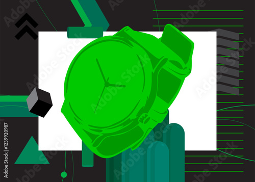 Wristwatch geometrical graphic retro theme background. Minimal geometric elements. Vintage abstract shapes vector illustration.