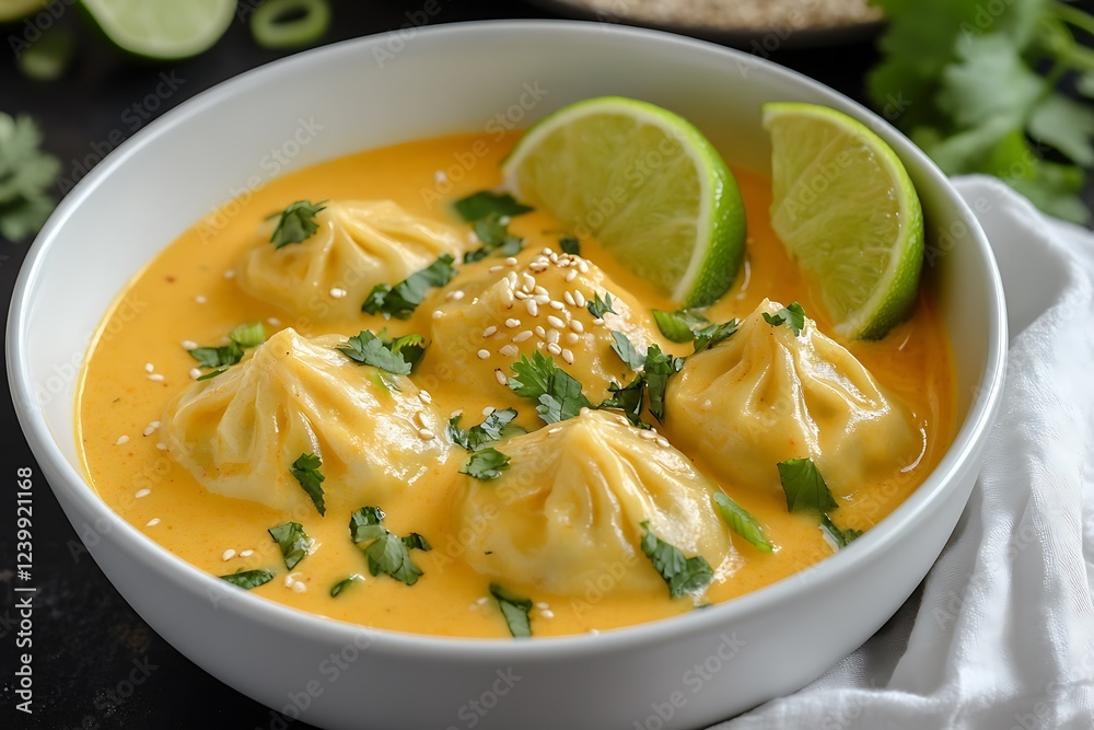 there is a bowl of soup with dumplings and lime slices there is a bowl of soup with dumplings and lime slices