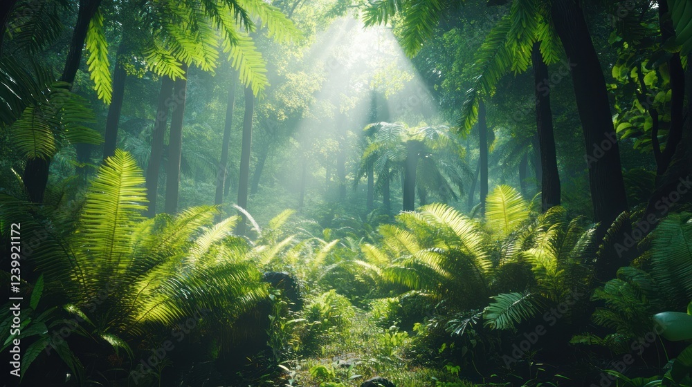 Sunbeams illuminate lush green rainforest path. Sunbeams illuminate lush green rainforest path.