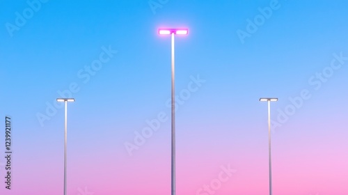 Obraz na płótnie Pink sunset sky, three tall light poles, parking lot background, landscape photography w salonie