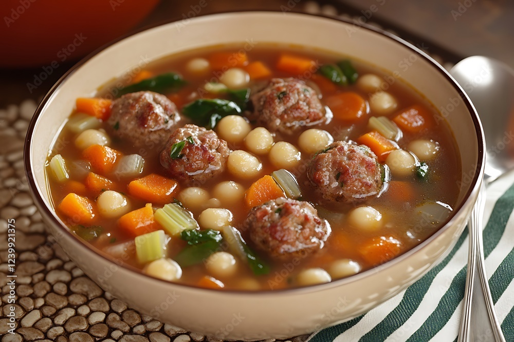 there is a bowl of soup with meatballs and vegetables there is a bowl of soup with meatballs and vegetables