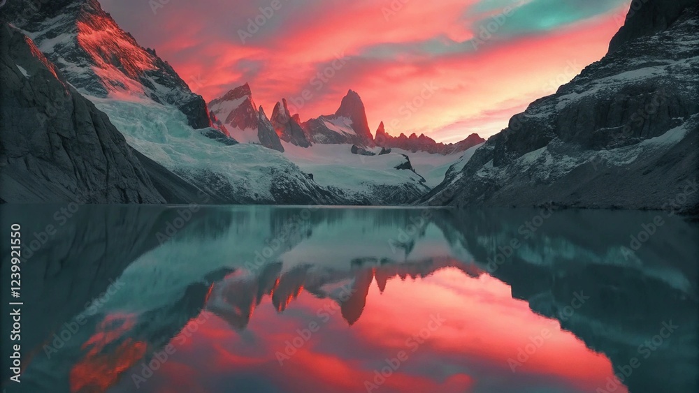 Obraz premium 3D render of a fantasy landscape panorama featuring rugged rocks and tranquil water, Abstract background with red sunset illumination. Spiritual zen wallpaper with skyline