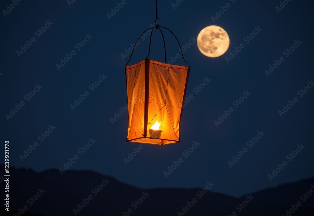 A glowing red Chinese lantern ascends into a night sky illuminated by a full moon and wispy clouds. A glowing red Chinese lantern ascends into a night sky illuminated by a full moon and wispy clouds.