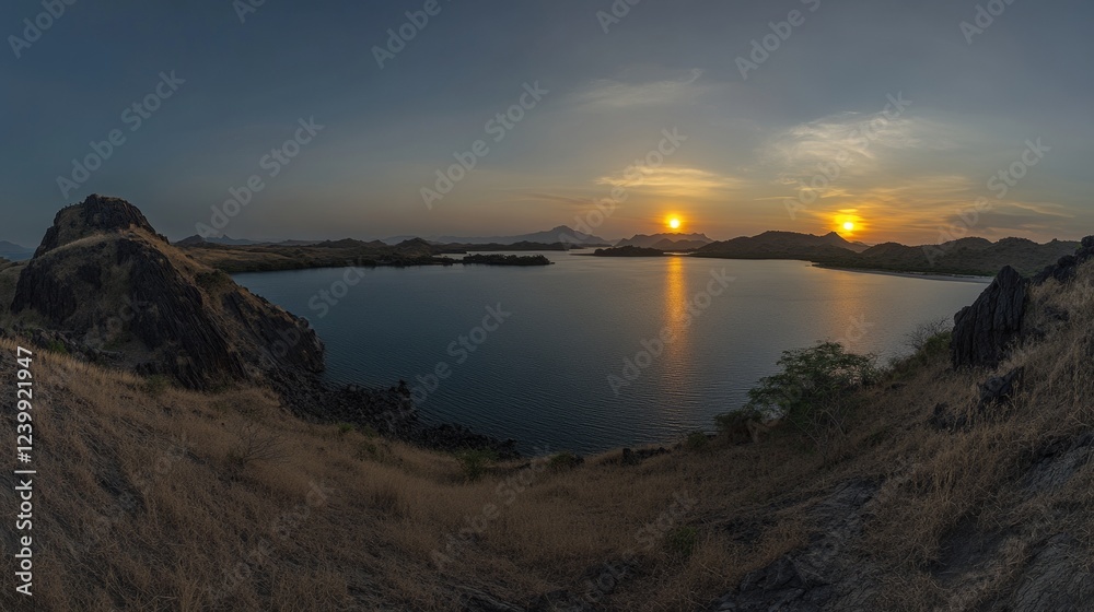 Fototapeta premium Panoramic view of majestic Padar Island during magnificent sunset. - ai