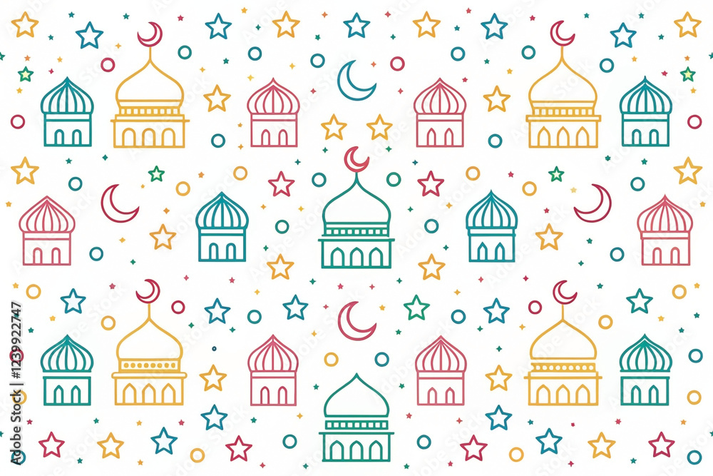 Colorful Mosque Pattern, Stars, Moons, Festive Background, Eid Colorful Mosque Pattern, Stars, Moons, Festive Background, Eid