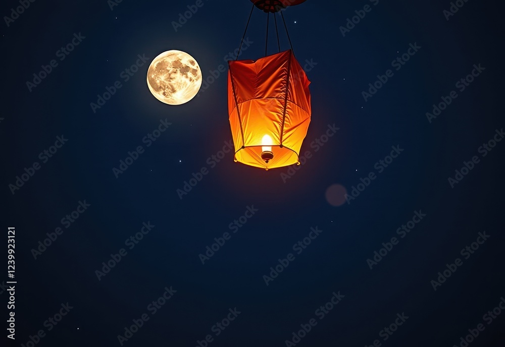A glowing red Chinese lantern ascends into a night sky illuminated by a full moon and wispy clouds. A glowing red Chinese lantern ascends into a night sky illuminated by a full moon and wispy clouds.