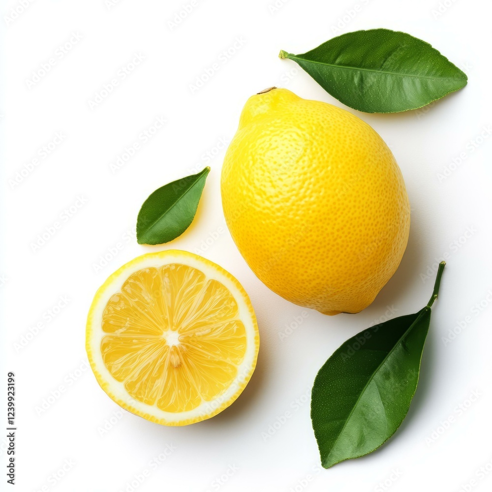 Fresh lemon wedge isolated on transparent background with half lemon and leaves Fresh lemon wedge isolated on transparent background with half lemon and leaves