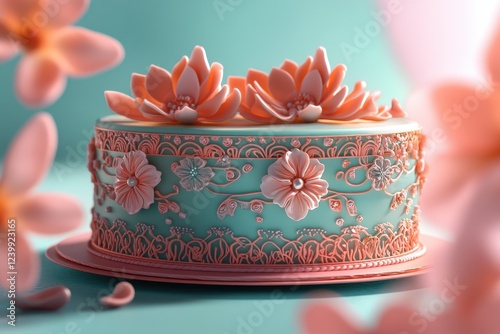 Pastel Icing Cake with Intricate Floral Decor