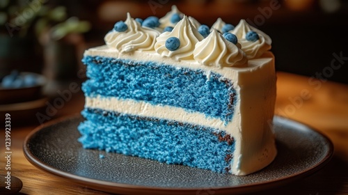 Blue velvet cake slice, blueberries, rustic table, dessert photo