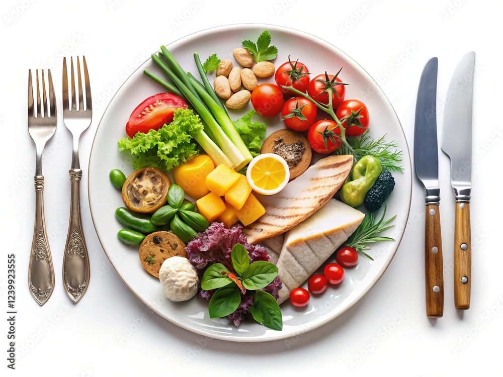 Balanced Meal: Top View of Cutlery near Plate with Varied Food on White Background
