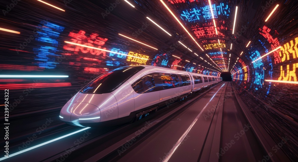 High-Speed Tunnel Transit: A futuristic high-speed train races through a vibrantly illuminated tunnel, conveying a sense of speed and technological advancement. High-Speed Tunnel Transit: A futuristic high-speed train races through a vibrantly illuminated tunnel, conveying a sense of speed and technological advancement.