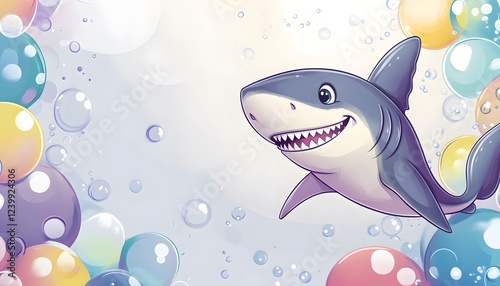 Happy Shark Swimming Among Colorful Bubbles photo