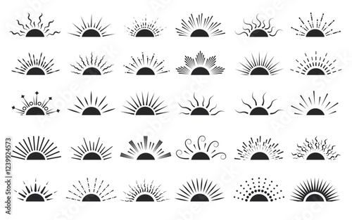 Half sun silhouette clipart set. Sun icon clip art collection with variety of black sunrays, sunrise and sunset logo vector illustration graphic design elements.
