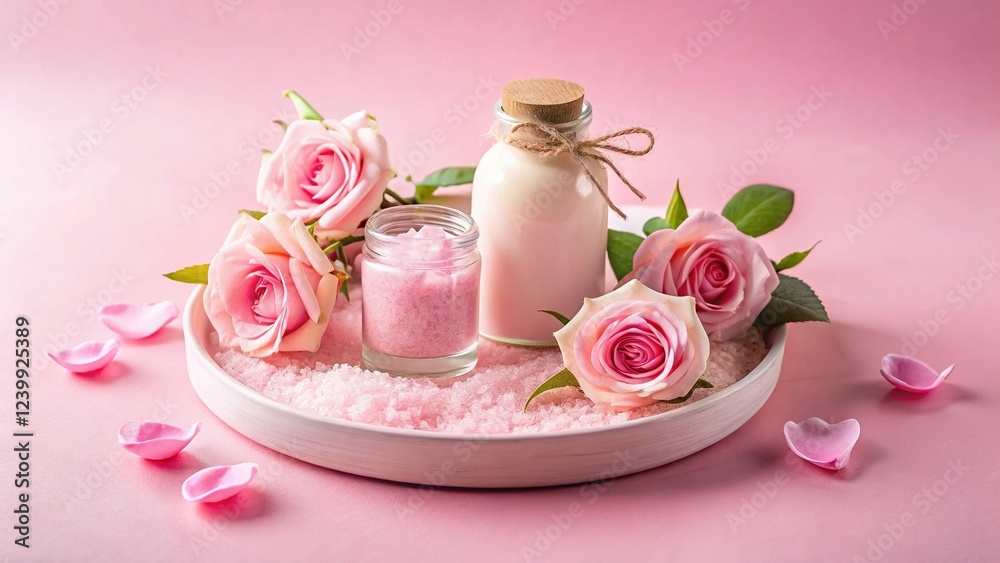 Pastel Pink Rose Scented Sea Salt & Shower Gel Flat Lay - Minimalist Cosmetic Product Photography Pastel Pink Rose Scented Sea Salt & Shower Gel Flat Lay - Minimalist Cosmetic Product Photography
