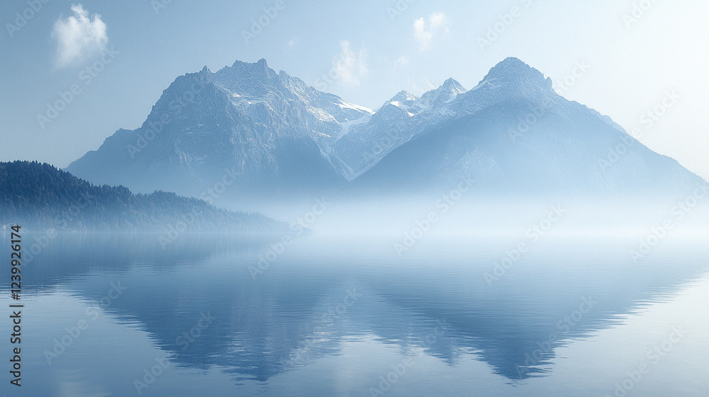 An isolated mountain stands tall against a serene ocean, symbolizing solitude and strength. The tranquil landscape represents balance and peace, with ample space for interpretation An isolated mountain stands tall against a serene ocean, symbolizing solitude and strength. The tranquil landscape represents balance and peace, with ample space for interpretation