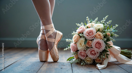 A ballerina stands in pink ballet shoes with ribbons tied to them, a bouquet of roses lies nearby. Close-up