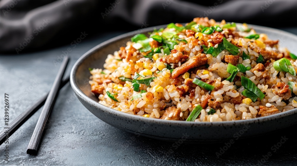 Savory fried rice with pork, corn, and scallions Savory fried rice with pork, corn, and scallions