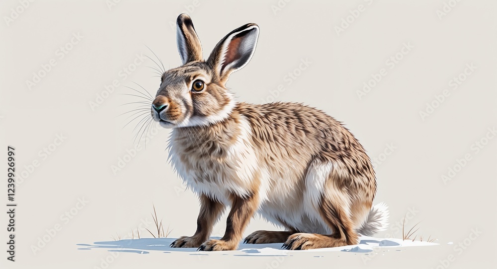 Obraz premium Portrait fluffy arctic hare curious on plain white background illustration