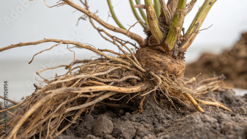 Close up of dried spikenard roots and stems in soil, showcasing their texture and detail photo