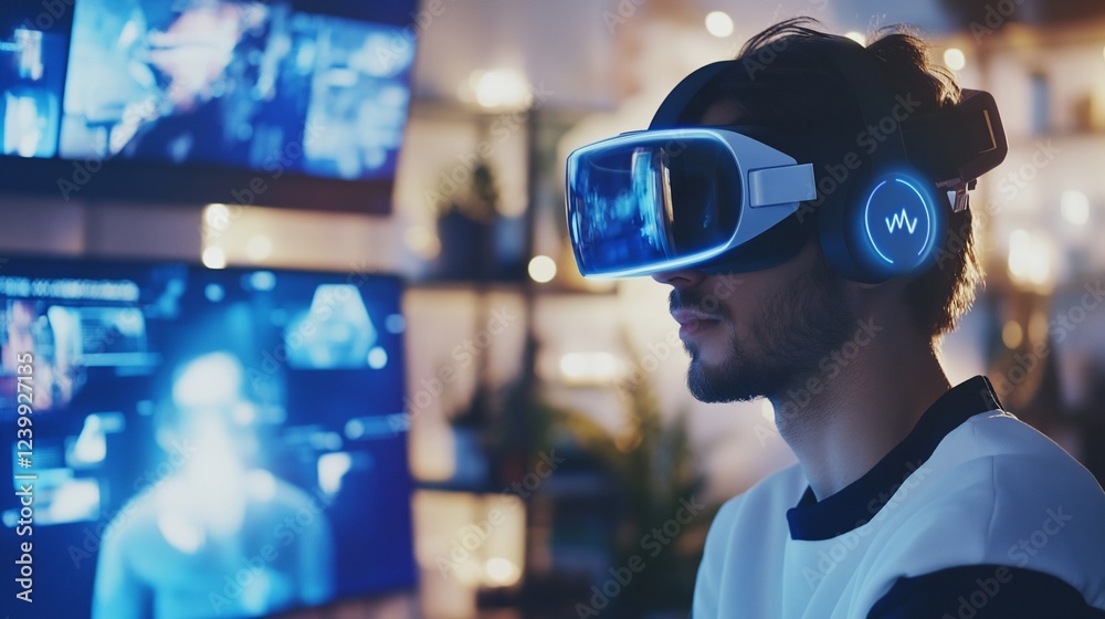 Man uses VR headset and headphones for immersive digital experience in a modern environment Man uses VR headset and headphones for immersive digital experience in a modern environment