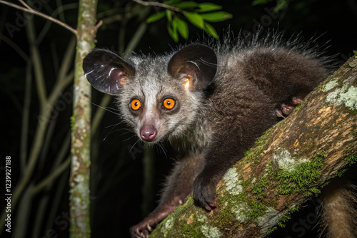 Aye aye lemur resting on tree branch at night, showcasing its unique features photo