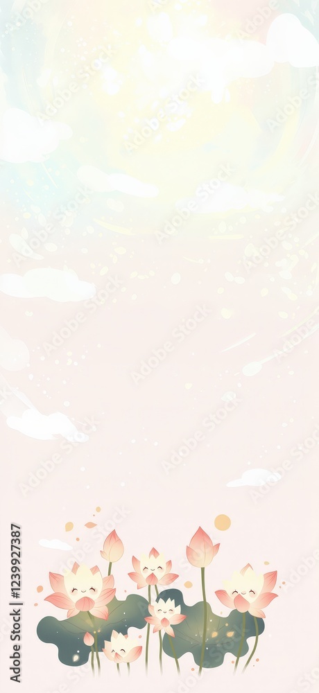 Whimsical Lotus Flowers with Soft Pastel Sky Background Whimsical Lotus Flowers with Soft Pastel Sky Background