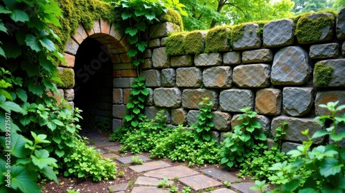 Secret Garden Passageway Mossy Stone Wall with Archway and Lush Greenery