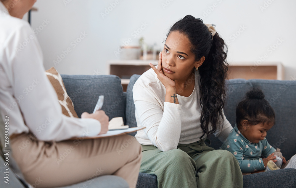 Counselling, therapy and psychology with baby and mother for postpartum depression, advice and mental health. Consulting, healthcare and trauma with woman and child in clinic for stress and support Counselling, therapy and psychology with baby and mother for postpartum depression, advice and mental health. Consulting, healthcare and trauma with woman and child in clinic for stress and support