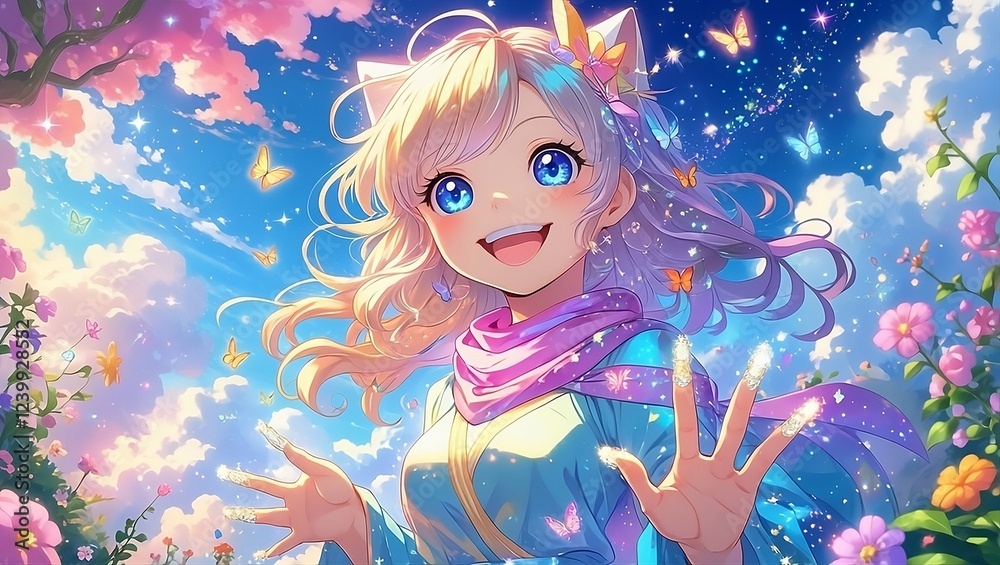 Playful Anime Character Radiating Joy and Whimsy in a Colorful Fantasy World Playful Anime Character Radiating Joy and Whimsy in a Colorful Fantasy World