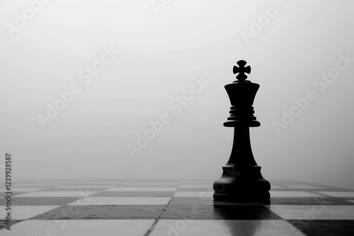 Elegant Black King Chess Piece Silhouette on Monochrome Chessboard, Representing Strategy, Power, and Competition in a Minimalist Environment