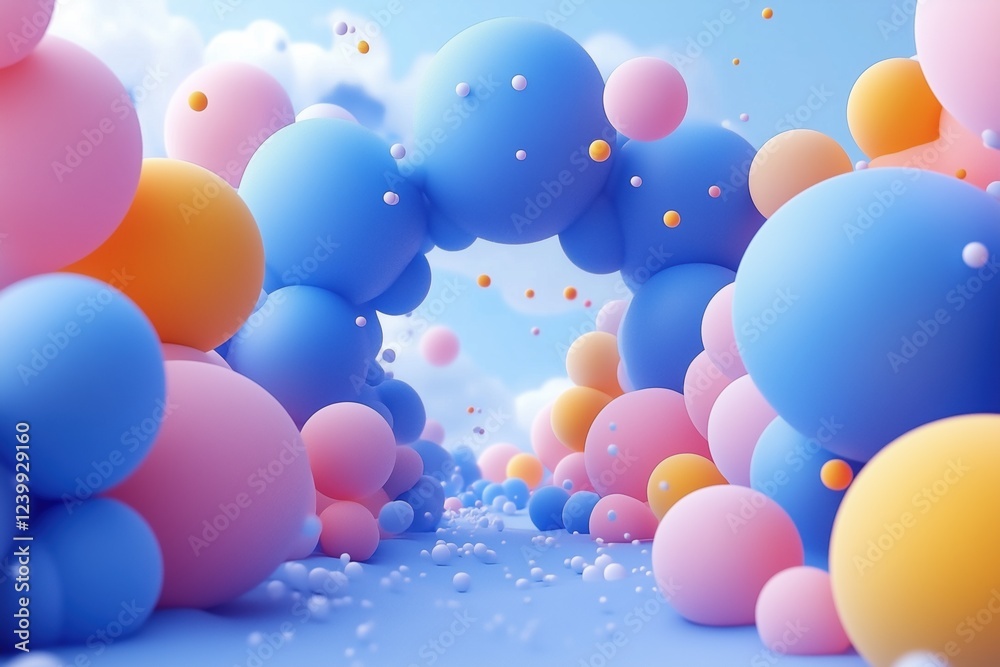 A whimsical pathway created by colorful spheres in shades of blue, pink, orange, and white, set against a soft blue sky with fluffy clouds. The scene evokes a playful and dreamy atmosphere. A whimsical pathway created by colorful spheres in shades of blue, pink, orange, and white, set against a soft blue sky with fluffy clouds. The scene evokes a playful and dreamy atmosphere.