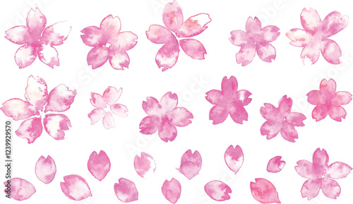 水彩画。水彩タッチの春の桜ベクターイラスト。春の満開の桜背景。かわいい桜の花びら。Watercolor painting. Spring cherry blossom vector illustration with watercolor touch. Spring cherry blossom background in full bloom. Cute cherry petals.