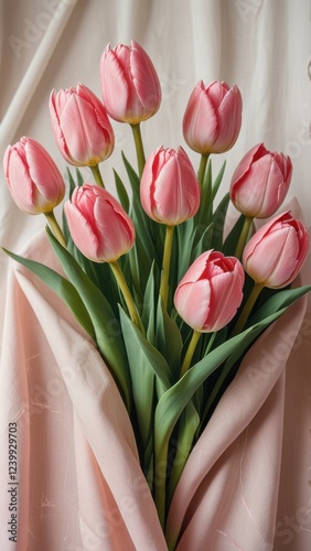 a still life image featuring several pink tulips with white tips, surrounded by sheer, pastel-colored fabric