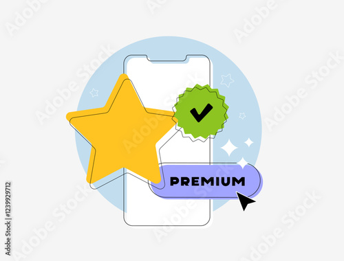 Verified mobile messenger profile with star icon symbolizes achievements and top ratings. Premium messenger account highlights exclusivity, paid features and trusted communication vector illustration