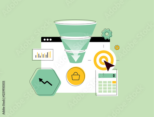 Ecommerce conversion funnel illustrating conversion optimization, funnel metrics and conversion rate. E-commerce funnel concept for boosting sales, tracking user journey and improving conversions