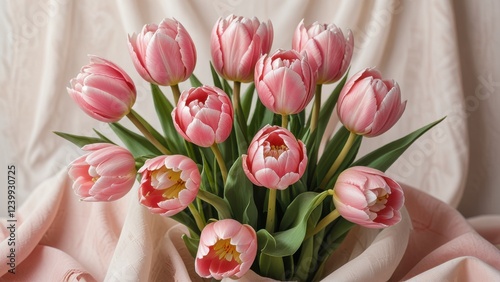 a still life image featuring several pink tulips with white tips, surrounded by sheer, pastel-colored fabric