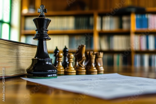 Elegant Chess Pieces on a Table with a Document and Books in a Cozy Library Setting Highlighting Strategy, Focus, and Intellectual Engagement