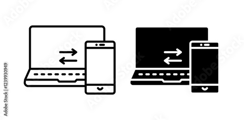 Data transfer PC to mobile icon pack in flat and thin liner vectors graphic for ui designs