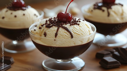 Cherry ice cream sundae dessert, chocolate background photo