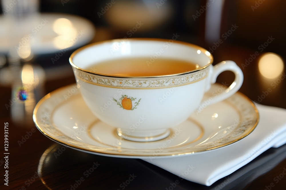 Fototapeta premium Elegant Porcelain Teacup and Saucer on White Napkin